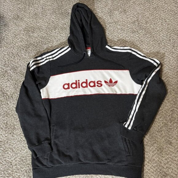 Adidas Originals Hoodie Mens Large Gray White Trefoil 3-Stripes Pullover DW5855 - Picture 1 of 9